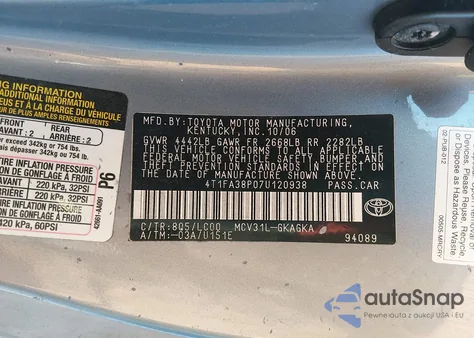 2007 Toyota Camry Solara Sle from USA, damaged, VIN 4T1FA38P07U120938